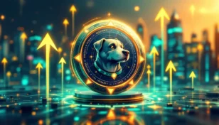 犬のマスコットが描かれたデジタルコインと上昇する仮想通貨市場のイメージ
