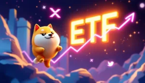 上昇するグラフを背景に、輝くETFの看板に向かうドージコインとXRPのロゴ。