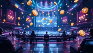 eスポーツアリーナと仮想通貨が融合した未来的なイメージ