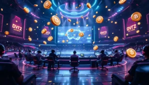 eスポーツアリーナと仮想通貨が融合した未来的なイメージ