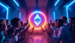 イーサリアムロゴと、仮想通貨 プレセールを象徴する未来的なデジタルコインのイメージ