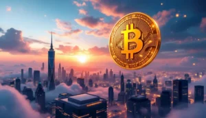未来的な都市の上空に浮かぶ金色のビットコイン