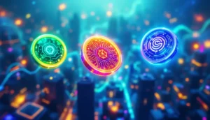 先進的な都市の上に浮かぶ3種類の象徴的な仮想通貨コイン