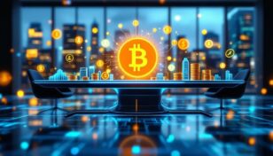伝統的な金融とブロックチェーンが融合する未来的な会議のイメージ