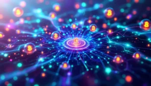 未来的なブロックチェーンインフラ上に浮かぶ仮想通貨コイン群のイメージ
