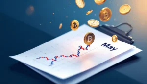 カレンダーの5月と仮想通貨コイン、変動するチャートのイメージ