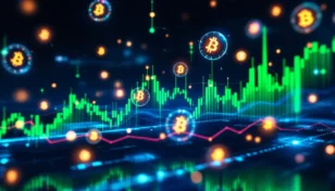 上昇する仮想通貨チャートを表示する未来的なデジタル取引プラットフォーム