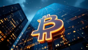ビットコインへの機関投資を象徴する近代的な高層ビルとビットコインマーク