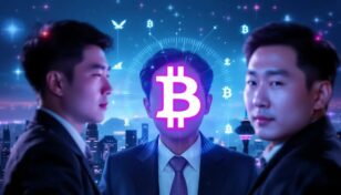 ビットコインのシンボルと韓国の都市を背景にした3人の政治家