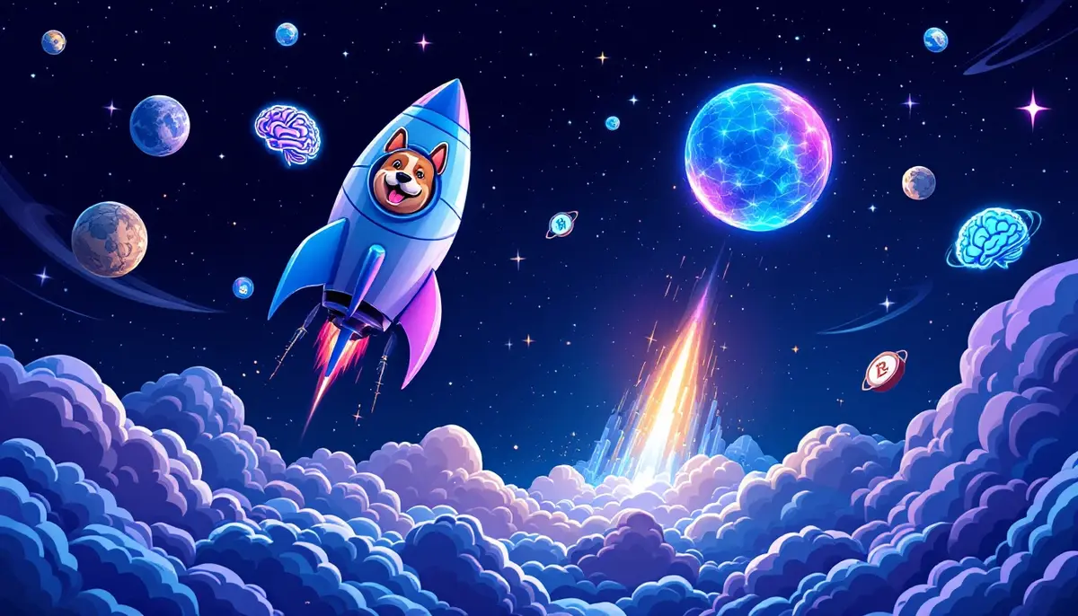 宇宙空間を背景にロケットとドッグキャラクターが描かれた暗号資産のイメージ