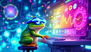最先端のデジタルチャートを分析するカエルのキャラクターとミームコインのイメージ
