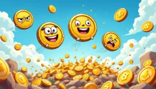 複数のミームコインキャラクターと仮想通貨投資家が価格高騰を競う様子