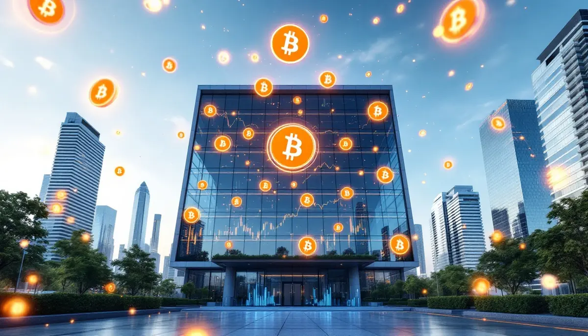 ビットコイン投資戦略を表現する現代的な企業ビルとデジタル金融チャート