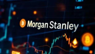 モルガン・スタンレーE*Tradeのロゴとビットコイン、イーサリアムのシンボルが表示された取引画面