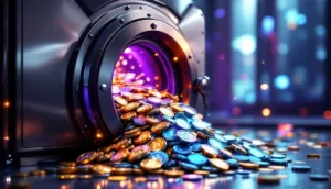 大量のデジタルコインが未来的な金庫からあふれ出す様子