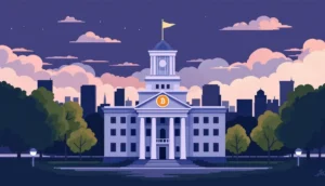 ビットコインのシンボルが組み込まれた市庁舎のイラスト
