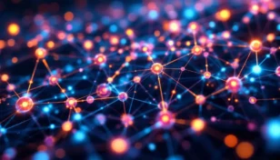 ソラナの次世代高速ブロックチェーンネットワークをイメージした鮮やかなノード群