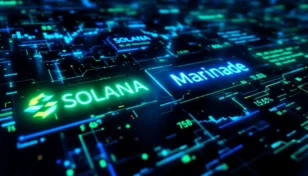 ソラナとマリネードのロゴが融合するデジタルな取引所のイメージ