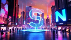 ソラナと新トークンが描かれた未来的な仮想通貨都市