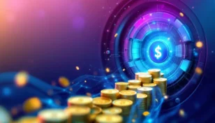 ビットコインへの戦略的投資を象徴する、安全な金庫へ流れるデジタル通貨の抽象的な表現。