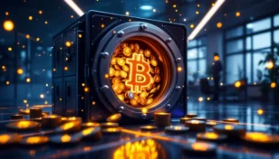 現代的なオフィスに並ぶ大量のビットコインを描いたデジタルイメージ
