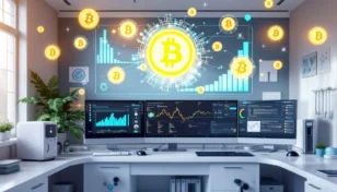 医療技術とビットコインを組み合わせた未来的なオフィス環境