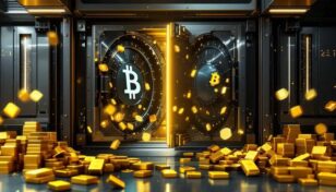 金塊とビットコインが並ぶ近未来的な金融金庫のイメージ