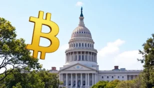 テキサス州議会議事堂とビットコインのイメージ