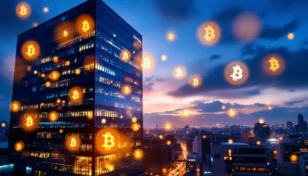 東京のオフィスビルとビットコインのデジタルシンボルの合成画像