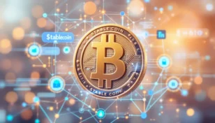 米ドル記号と安全な金庫、ブロックチェーンネットワークが組み合わさったステーブルコインのデジタル表現