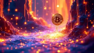 ビットコインの流動性がソラナネットワークに流れ込む様子を示す抽象的なデジタルアート