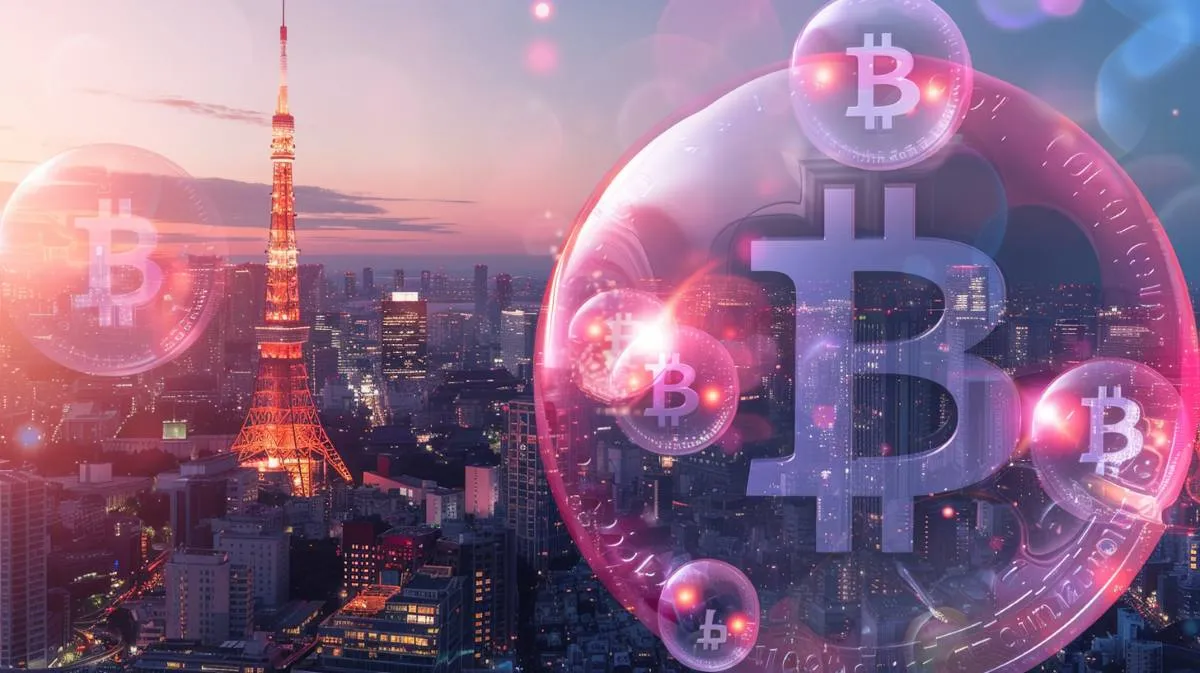 都市を背景にビットコインの泡が浮かんでいるイメージ