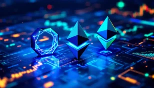 カルダノ、イーサリアム、ソラナのロゴが金融チャートを背景に輝く未来的な画像