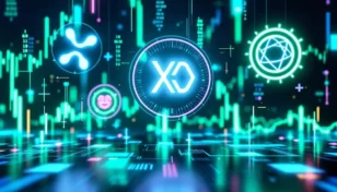 XRP、PEPE、カルダノのシンボルが浮かぶ未来的なデジタルの背景