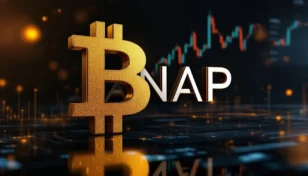 ANAPのロゴとビットコインのシンボルが融合した、ハイテクな金融インターフェースの画像