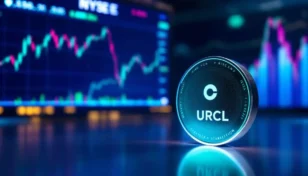 ニューヨーク証券取引所の画面を背景に、サークル社のロゴとUSDCのシンボルが力強く上昇する様子