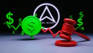 アーク・インベストによるサークル株売却を象徴する画像。背景にアークのロゴ、前景にサークルのシンボルが描かれている。