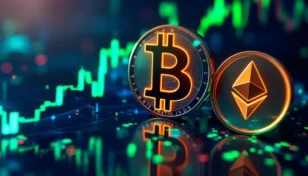 上昇する金融チャートを背景に、緑色に輝くビットコインとイーサリアムのシンボルが描かれた未来的な画像