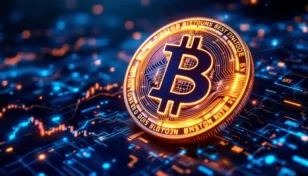 ビットコインのシンボルと未来的な金融データ画面