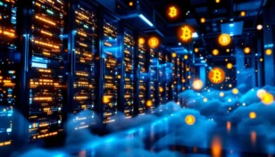 デジタル通貨シンボルが浮かぶ近代的なビットコインマイニング施設