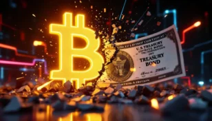 ビットコインのシンボルと米国債が対峙する未来的なイメージ