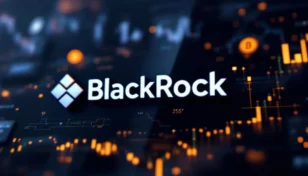 ブラックロックのロゴとビットコイン、イーサリアムのシンボルが並ぶ未来的な金融イメージ