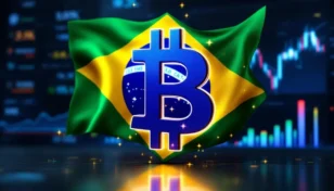 ブラジル国旗とビットコインのシンボルが融合し、背景に金融データが表示されている未来的なイメージ