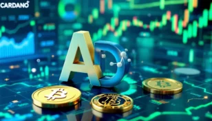 カルダノのロゴがビットコインとステーブルコインに転換する様子を示す未来的な3Dグラフィック