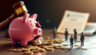 セルシウスの破産手続きを象徴する、壊れた貯金箱と裁判所の木槌