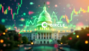 米国の国会議事堂を背景に、サークルのロゴとUSDCのシンボルが緑色に輝くイラスト
