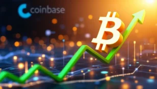 上昇するビットコインのシンボルとコインベースのロゴが描かれた未来的な背景