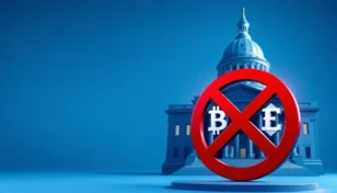 コネチカット州議会議事堂の前に仮想通貨を禁止する標識が置かれているイメージ