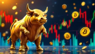 仮想通貨市場で上昇トレンドを示す強気な雄牛のマスコットキャラクター