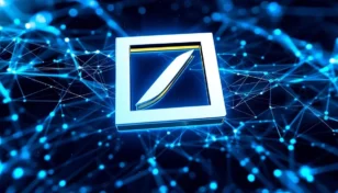 ドイツ銀行のロゴとブロックチェーン技術を象徴する未来的なデジタルネットワーク